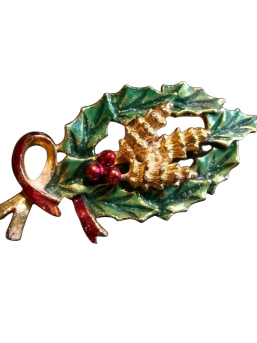 Vintage Signed Gerry's Holly Branch with Pine Cones Red & Green Enamel Brooch